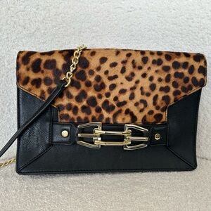Leopard Haircalf Clutch Crossbody Gold Chain Statement Bag